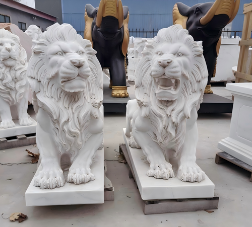 Pair White Marble Crouching Lions 34 Inches High GE21579