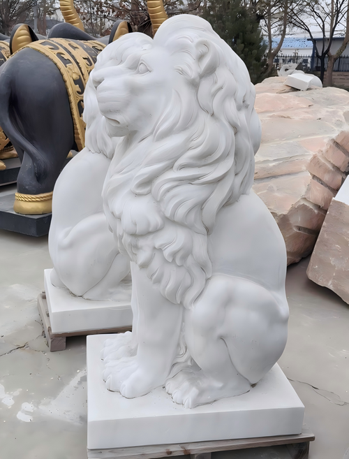 Pair White Marble Sitting Lions 45 Inches High