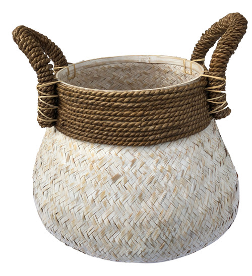 White Splint Weave Basket With Brown Handles