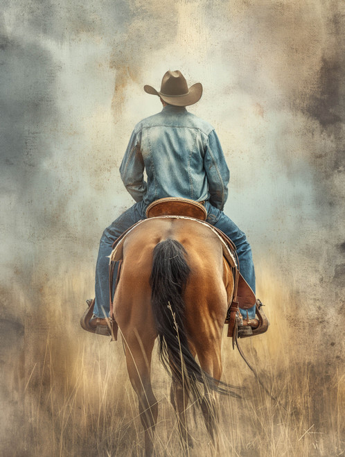 Cowboy on Horse Leaving the Ranch Giclee