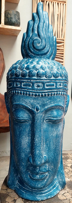 Long Buddha Head Blue Wash ? 39? Tall Serenity Sculpture
