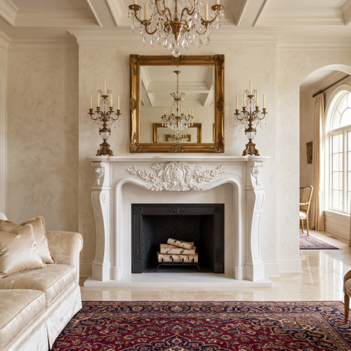 French Neoclassical Floral White Marble Fireplace Mantel White Marble L66.1"*H51.5"*13.8"    OPEN:L37"*H34.8"