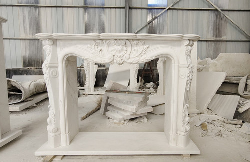 French Rococo Scrollwork White Marble Fireplace Mantel White Marble L63"*H45.2"*13.8"    OPEN:L42"*H33"