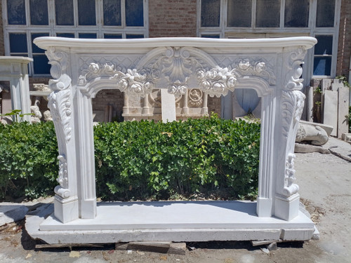 Ornate French Floral White Marble Fireplace Mantel White Marble L75.6"*H51.2"*13.8"    OPEN:L48"*H37"
