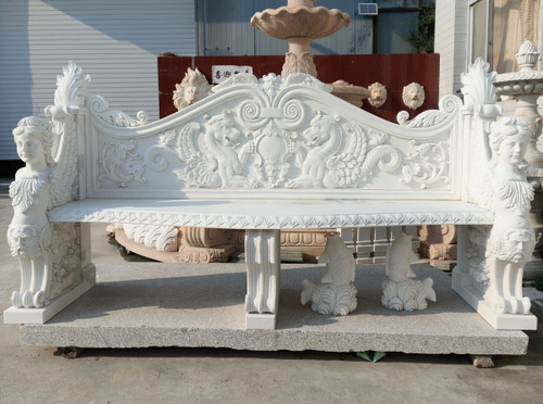 Regal Lion White Marble Garden Bench White Marble L87"*H50.4"*W25.6"