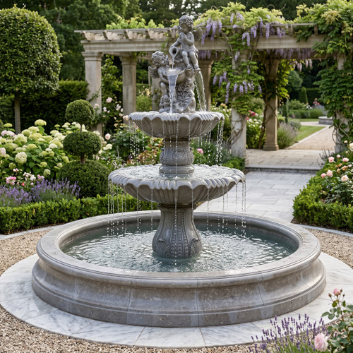 Classical Two-Tier Bluestone Garden Fountain with Cherub Finial Bluestone H118"*D134"