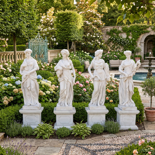 Classical Four Seasons White Marble Statues on Pedestals  Set of 4 White Marble H63"