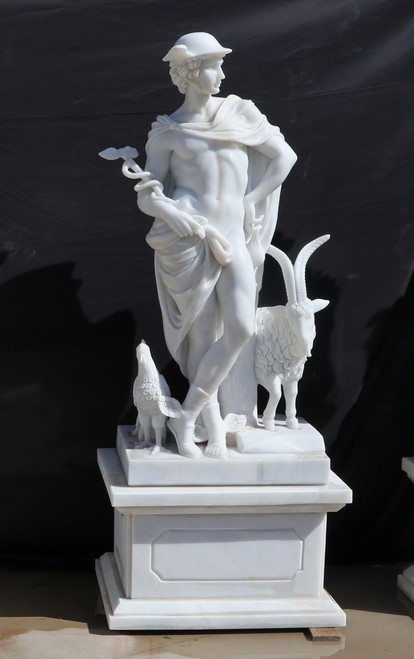 Classical Shepherd with Goat White Marble Statue on Pedestal White Marble H63"