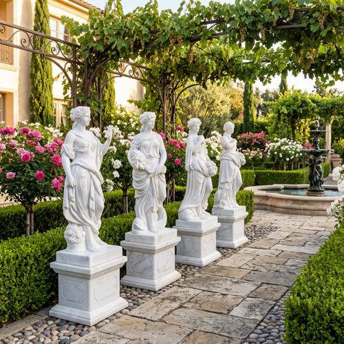 Classical Four Seasons White Marble Statues on Pedestals  Set of 4 White Marble H63"