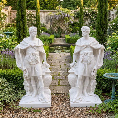 Classical Roman Noblemen White Marble Statues  Set of 2 White Marble H23.7"