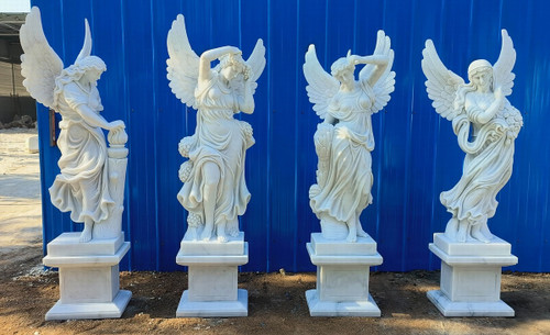 Classical Four Seasons Winged Angel White Marble Statues on Pedestals  Set of 4 White Marble H60"        Stand:H15.7"