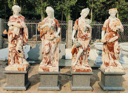 Classical Four Seasons Multicolor Marble Statues on Pedestals  Set of 4 Multi Color Marble H70.9"        Stand:H19.7"