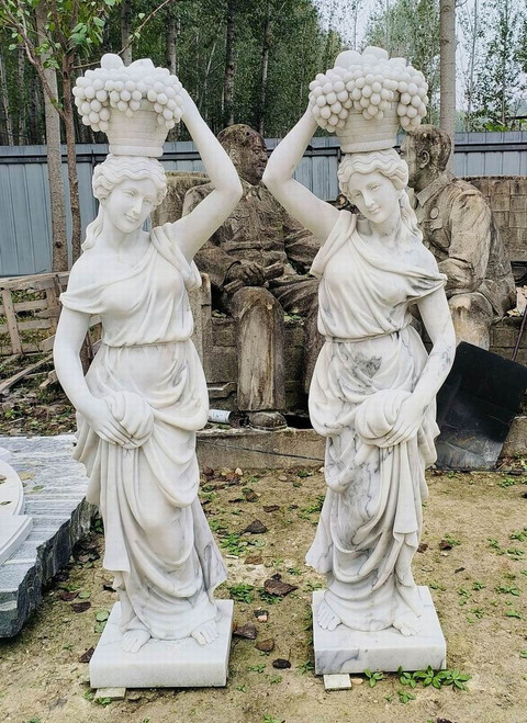Classical Grape Harvest Maidens White Marble Statues  Set of 2 White Marble H67"