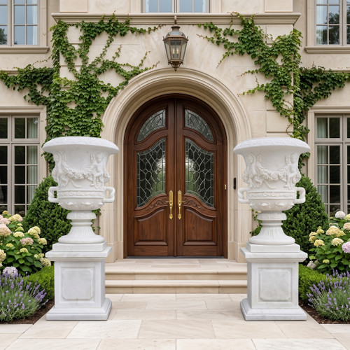 Ornate Floral White Marble Urn Planters on Pedestals  Set of 2 Carrera Marble H74.8*D35.4"