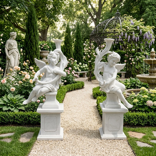 Classical Seated Angel Garden Statues  Set of 2 White Marble H61