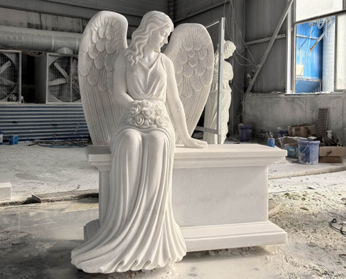 Classical Seated Angel Garden Bench White Marble H51.2