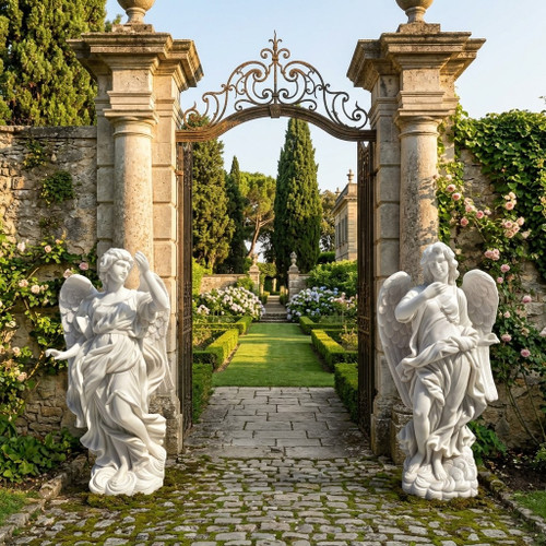 Classical Standing Angel Garden Statues  Set of 2 White Marble H72.8