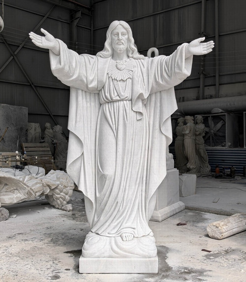 Sacred Heart of Jesus Blessing Statue White Marble H74.8