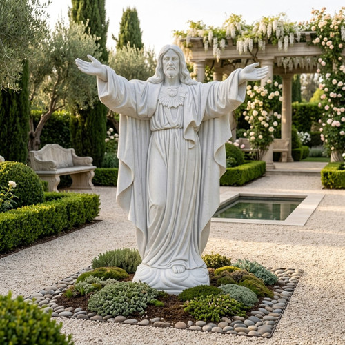 Sacred Heart of Jesus Blessing Statue White Marble H74.8