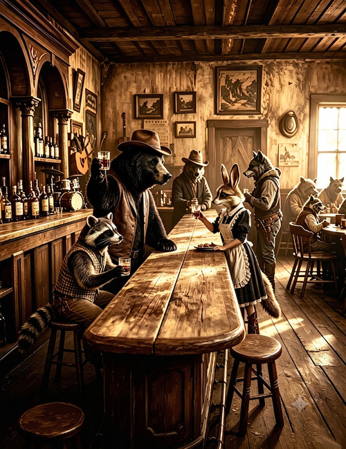 Woodland Animals at the Western Saloon Giclee