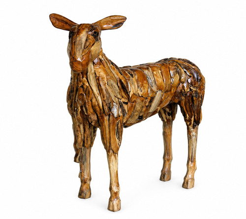 Teak Doe Deer Statue