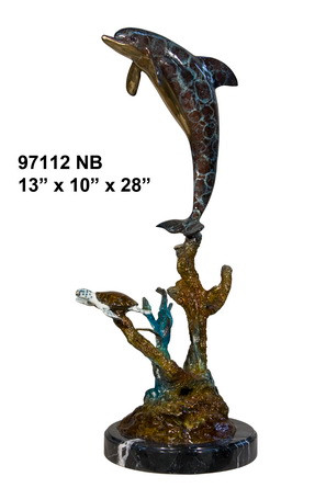 Dolphin and  Turtle on Marble Base in Special Patina
