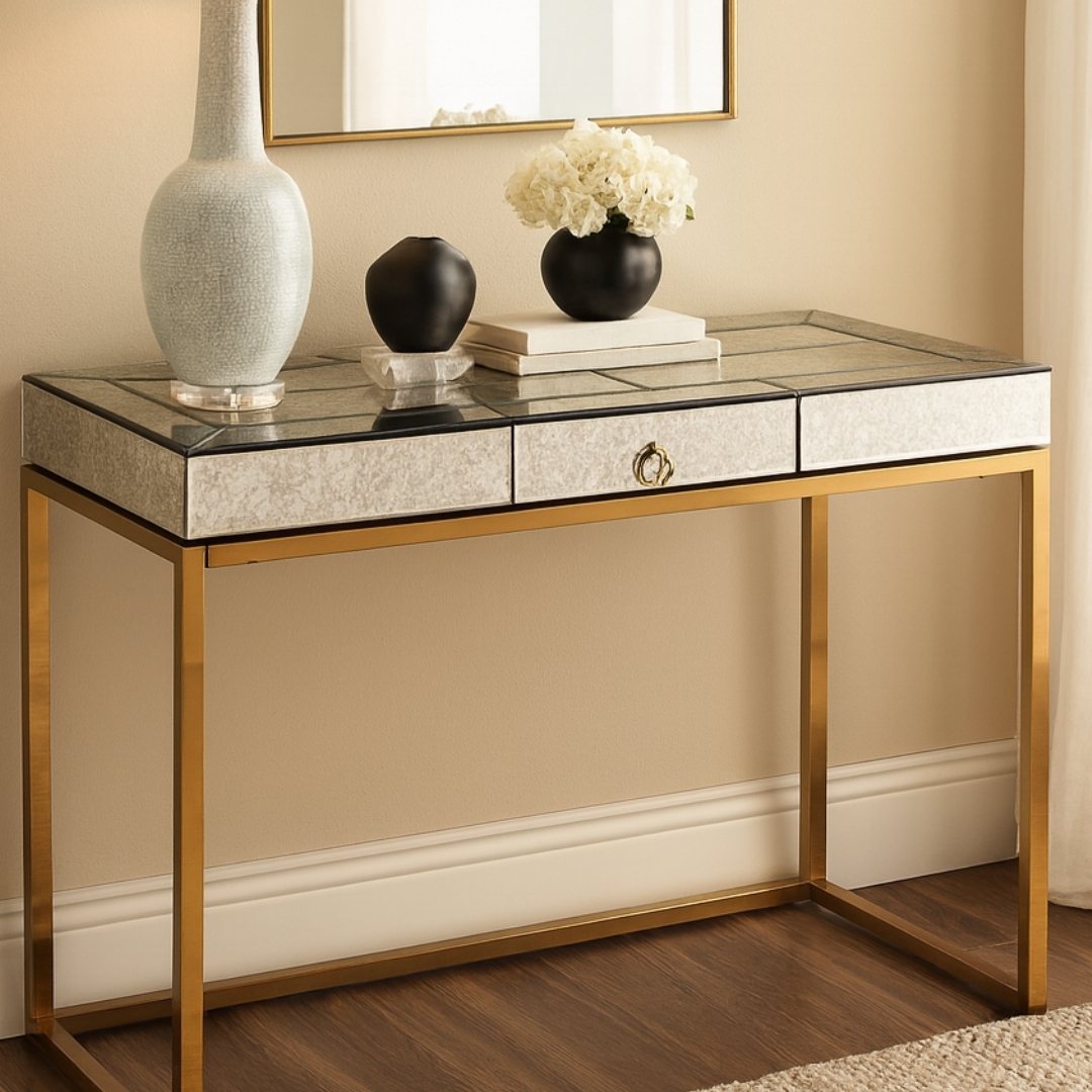 Hollywood Glam Antiqued Mirrored Greek Gold Design Console Sofa Accent Table