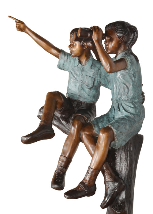 Two Children with Binoculars and Dog 74 Inches Tall Close Up Image