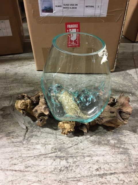 Mountain Studios Large Artistic Blown Glass and Natural Teak, Fish Bowl Close Up Image