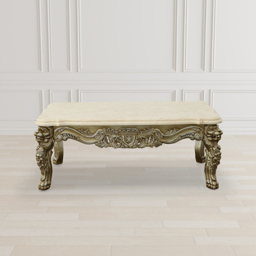 Platine Lion Coffee Table Hand Carved Mahogany with Creama Marfil Marble Top Room Scene