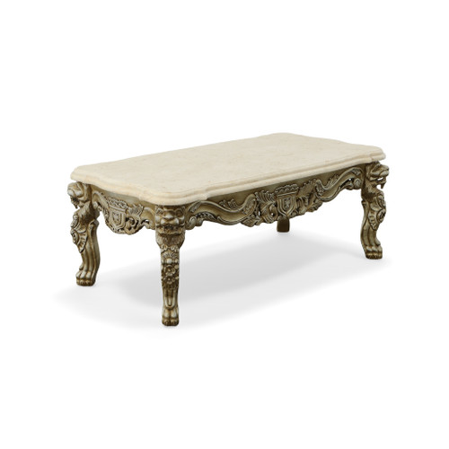 Platine Lion Coffee Table Hand Carved Mahogany with Creama Marfil Marble Top Close Up Image