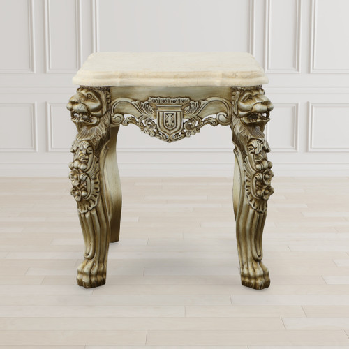 Platine Lion Side Table Hand Carved Mahogany with Creama Marfil Marble Top 26 Inch Tall Room Scene