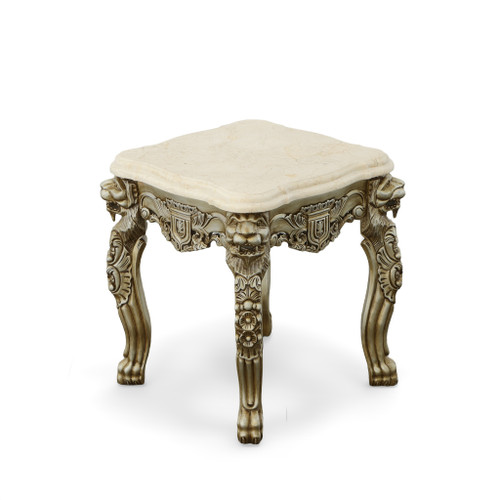 Platine Lion Side Table Hand Carved Mahogany with Creama Marfil Marble Top 26 Inch Tall Close Up Image