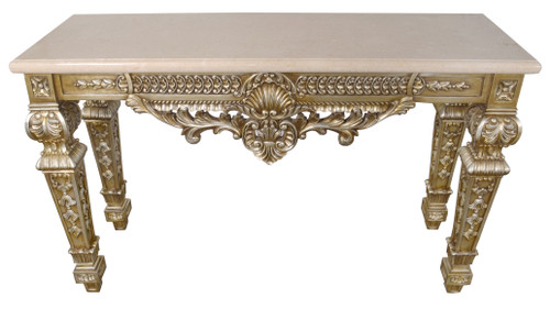 Platine Chapelle Console Hand Carved Mahogany with Creama Marfil Marble Top 59.25 Inches Long Close Up Image
