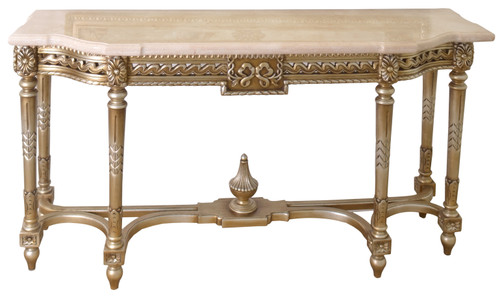 Platine Hand Carved Mahogany Console with Creama Marfil Marble Top 68 Inches Close Up Image