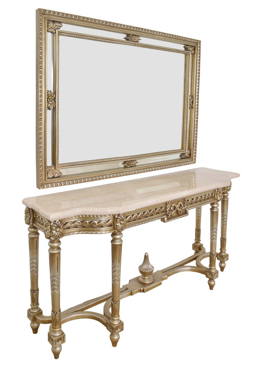 Platine Mirror  and Console  Hand Carved Mahogany with Creama Marfil Marble Top Room Scene
