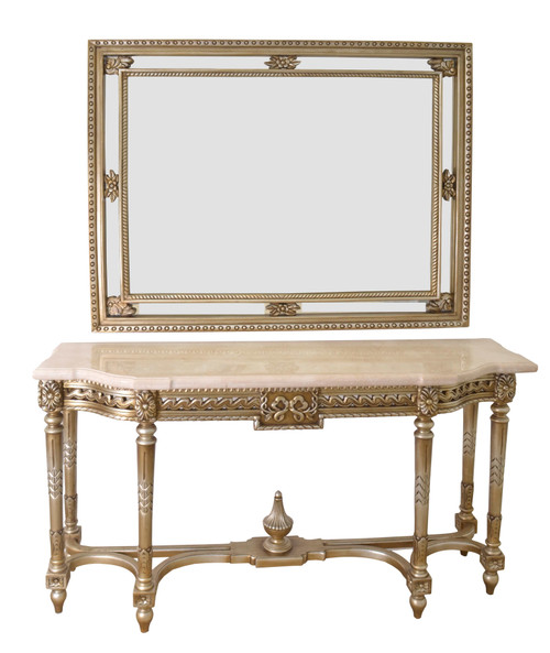 Platine Mirror  and Console  Hand Carved Mahogany with Creama Marfil Marble Top Close Up Image