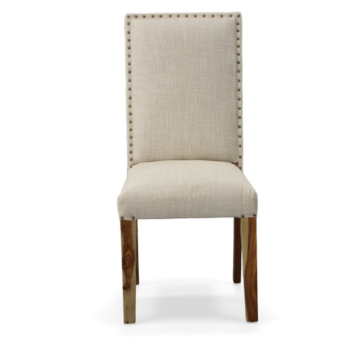 Chair Upholstered Dining Solid Wood Neutral Linen w Knailheads