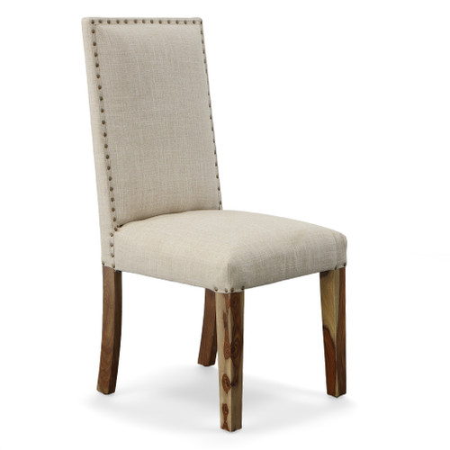 Chair Upholstered Dining Solid Wood Neutral Linen w Knailheads Room Scene