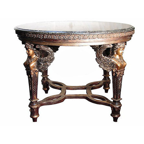 Bronze Center Table with Sphinx's Legs and Marble Top