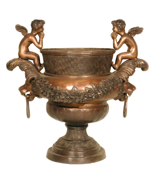 Bronze Cupid with Lion Head Urn 32 Inch Tall