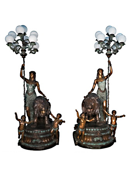 Pair of Lady with Lion Lamps Left and Right Facing