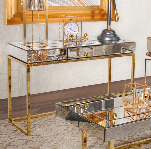 Hollywood Glam Antiqued Mirrored Greek Gold Design Console Sofa Accent Table Room Scene