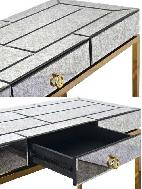 Hollywood Glam Antiqued Mirrored Greek Gold Design Console Sofa Accent Table Close Up Image