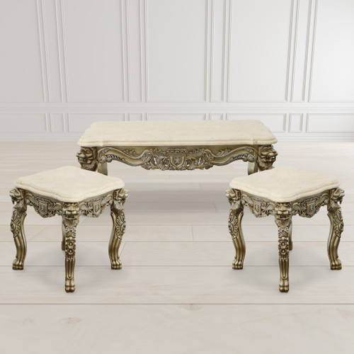 Platine Lion Coffee Table Set of 3 Hand Carved Mahogany with Creama Marfil Marble Tops Room Scene