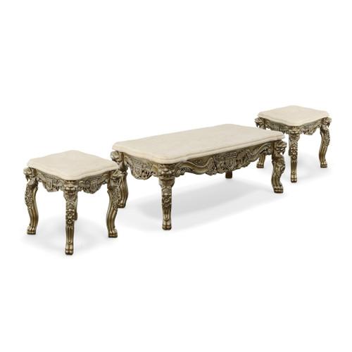 Platine Lion Coffee Table Set of 3 Hand Carved Mahogany with Creama Marfil Marble Tops Close Up Image