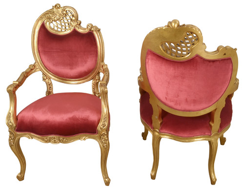 Red Pair of French Rococo Fireside Chairs Close Up Image