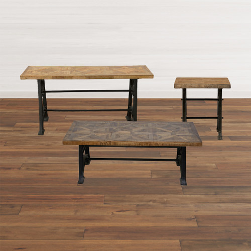 Mango Wood Industrial Coffee Table Set of 3 Room Scene