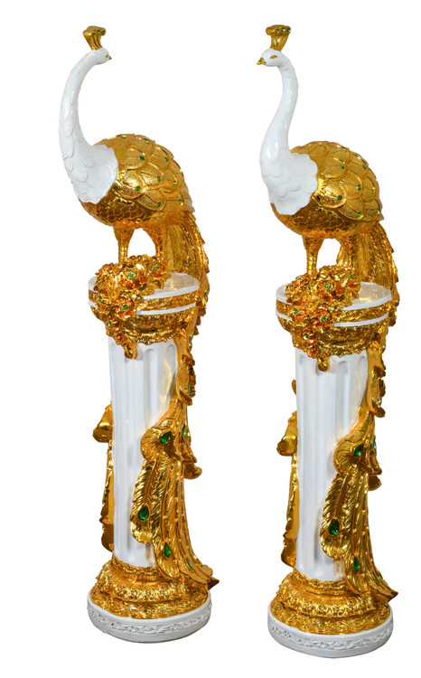 Large Golden Emerald Peacocks on Pedestal Set of 2
