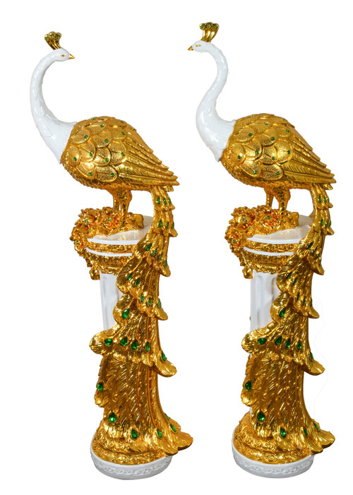 Large Golden Emerald Peacocks on Pedestal Set of 2 Room Scene